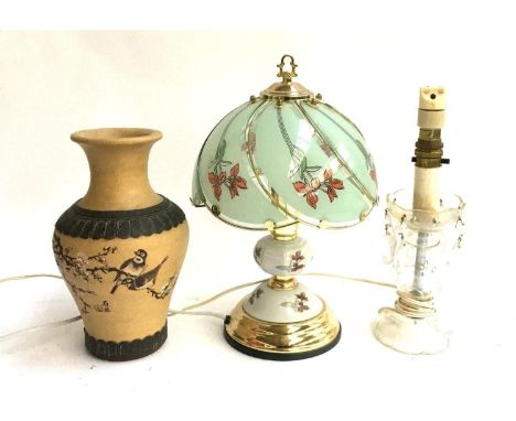 A glass drop table lamp; together with one other and a Chinese stoneware vase (3) 