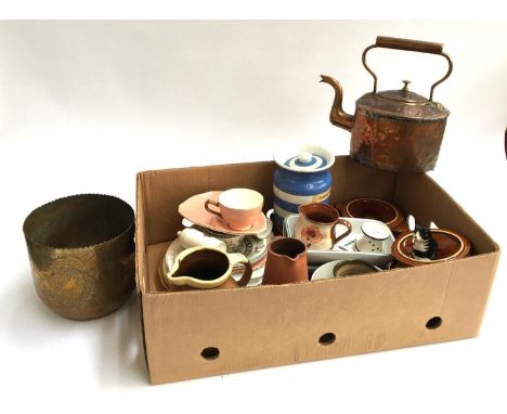 A mixed lot of ceramics and other items to include lidded stoneware tureens, T.G Green storage jar, 19th century copper kettl