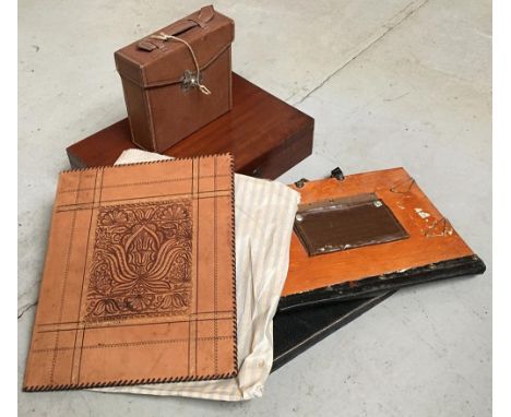 A mahogany box/briefcase; together with a vintage black leather briefcase, and an army &amp; navy locking leather case with d