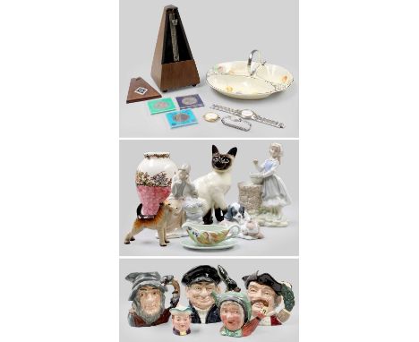 A Selection of Ceramics, containing Beswick cat numbered 1882, two Nao Figures, Two Burslem dogs, five Royal Doulton characte