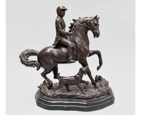 After Jules Moigniez (1835-1894), bronze group of a horse and rider, bearinhg signature, 33cm high