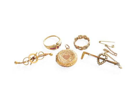 A Small Quantity of Jewellery, comprising of a seed pearl bar brooch, in the form of a tricoloured riding crop and a seed pea