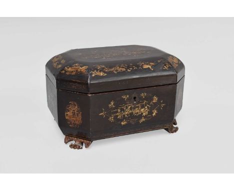 An Early 19th Century Black Lacquered Chinoiserie Tea Caddy, octagonal form, with fitted interior of twin metal canisters, on