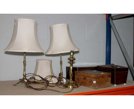 A 19th Century Rosewood Writing Slople, a Regency tea caddy, a Tunbridgeware box and three brass lamps