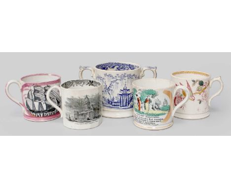 Five Late 18th Century Teapots, including a pearlware example with swan formed knop and painted in underglaze blue with trail