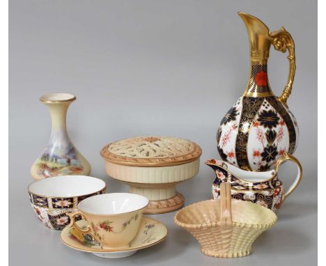 A Royal Crown Derby Imari Pattern Ewer, a Royal Crown Derby milk jug and sugar bowl, Royal Worcester Blush Ivory Small basket