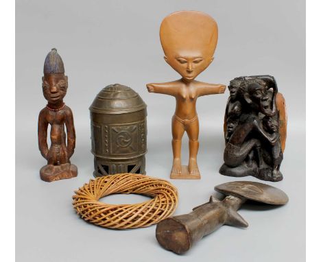 A Yoruba Male Ibeji Figure, Nigeria, of stylised form, adorned with glass bead necklace, integral plinth base, 24cm high; tog