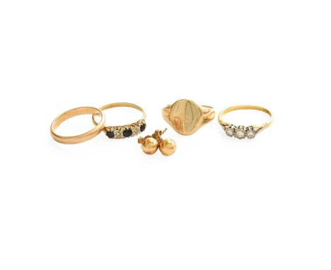 A Small Quantity of Jewellery, comprising of a 9 carat gold sapphire and diamond five stone ring, finger size Q; a diamond th