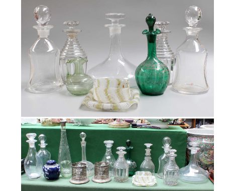 A Pair of 19th Century Decanters, with stepped ring neck and readed bodies, together with a group of other decanters varying 