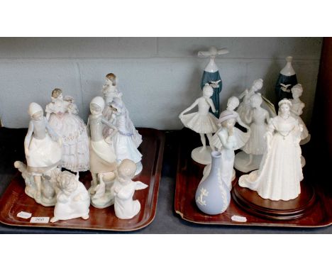 Various Porcelain Figures Including: four Royal Worcester ladies, four Lladro, five Coalport ballerinas, etc (two trays)