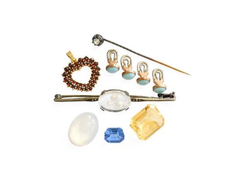A Small Quantity of Jewellery, including a diamond stick pin, the old cut diamond in a white claw setting, stamped '750', len