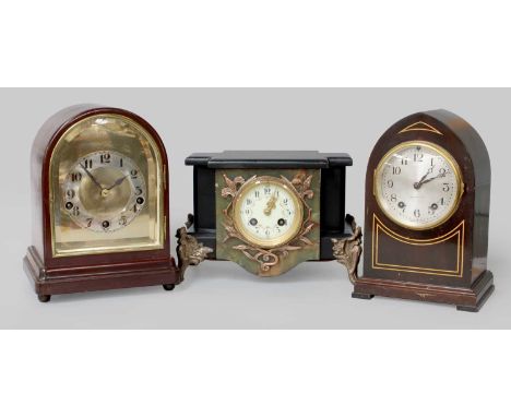A Seth Thomas Striking Mantel Clock, a Chiming Mantel Clock and an Ebonised and Green Onyx Striking Mantel Clock (3)