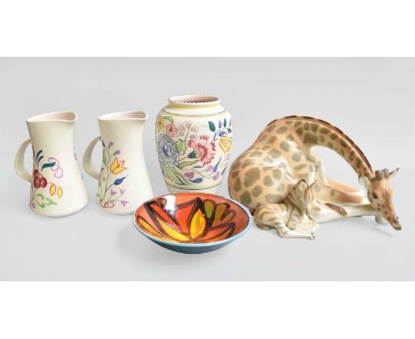 A Lomonosov Porcelain Figure of a Giraffe, a Poole Pottery vase, two jugs, a bowl and a Lomonosov figure of a Zebra foal
