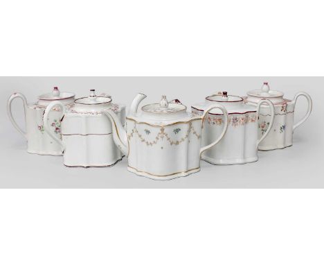 Five New Hall Porcelain Teapots and Covers, circa 1790, of silver shape, one painted with gilt swags, berry and leaf sprigs, 
