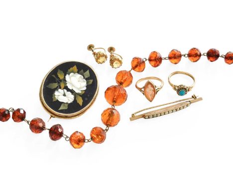 A Quantity of Jewellery, including a pietra dura brooch, in a yellow rope twist frame, measures 4.8cm by 3.8cm; a seed pearl 