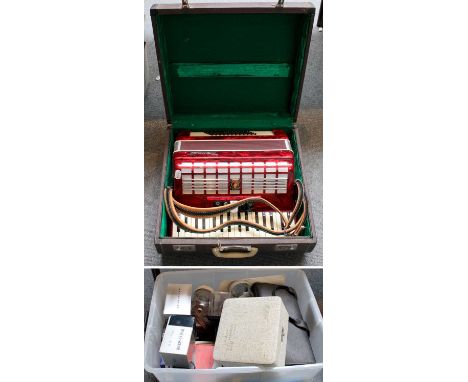 A Cased Piano Accordian, by Parrot; together with box of camera eqiupment (qty)