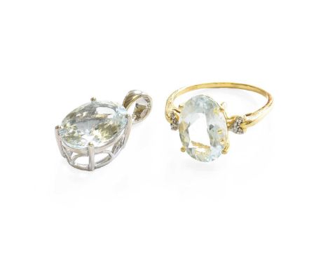 A 9 Carat White Gold Aquamarine Pendant, the oval cut aquamarine in a claw setting, suspended from a plain polished bale, len