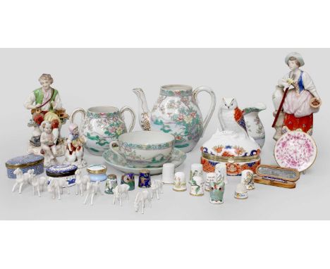 A Collection of Ornamental Items, including 19th century and later porcelain, Bilston enamel boxes, etc, together with a Rege