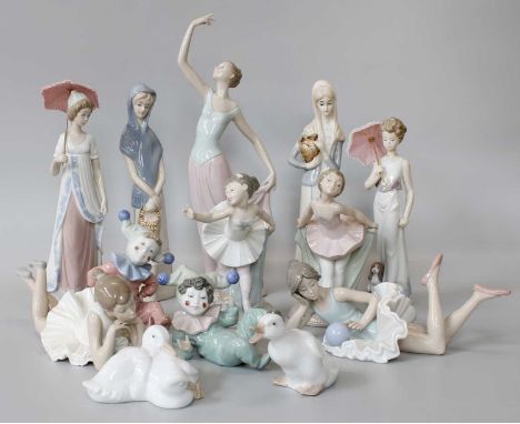 Two Lladro Figures of Ladies with Parasols, together with eleven various Nao figures (13)
