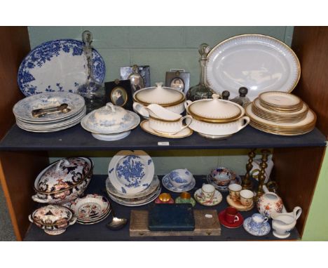 Two shelves of ceramics including Paragon, Royal Crown Derby and others, together with plated and brass wares, portrait minia