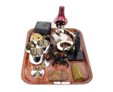 Stuart Devlin for Viners: a pair of goblets; pot pourri and a salt or sugar pot; various further 20th century sculpture and o