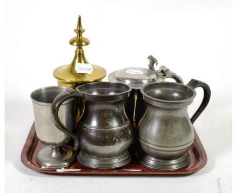 A brass trench art tea caddy; three pewter tankards; and cup 