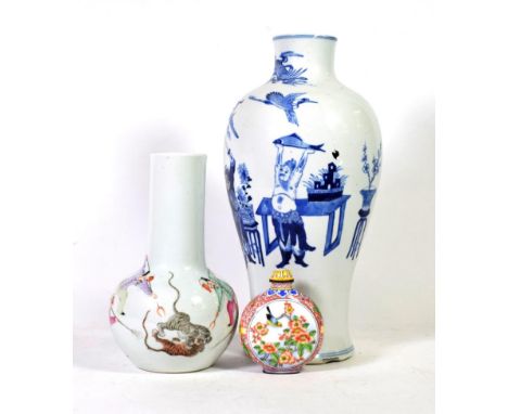 Two Chinese vases one depicting tiger fighting and an enamel scent bottle