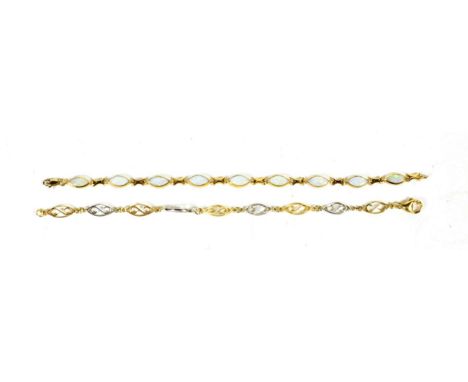 A 9 carat two colour gold bracelet, length 18.7cm; and a 9 carat gold opal set bracelet, length 18.7cm (2).  Gross weight -14