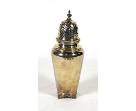 A silver caster, Barker Bros, Birmingham 1940, with pull off cover, on decorative bracket feet, 19.5cm high, 8.9ozt 