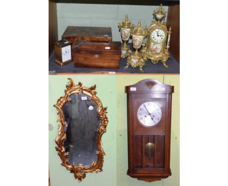 A gilt metal clock garniture, an oak wall clock, a carriage timepiece, a burr walnut writing box, a Regency rosewood tea cadd