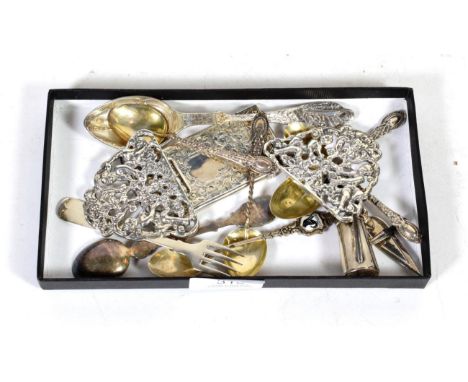 A group of small silver items to include: a nurse's buckle; a Victorian card case, Birmingham 1893; a miniature chocolate pot