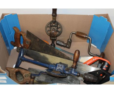 A box of vintage hand tools etc 