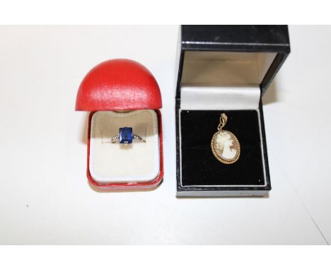 A gold on silver blue stone ring &amp; 9ct gold cameo pendant 