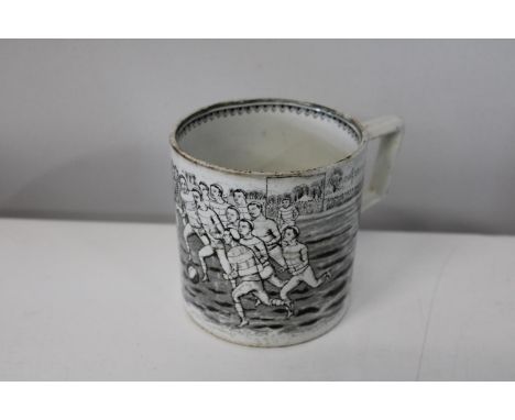 A rare antique Staffordshire earthenware mug circa 1870 with an early football match print to mug