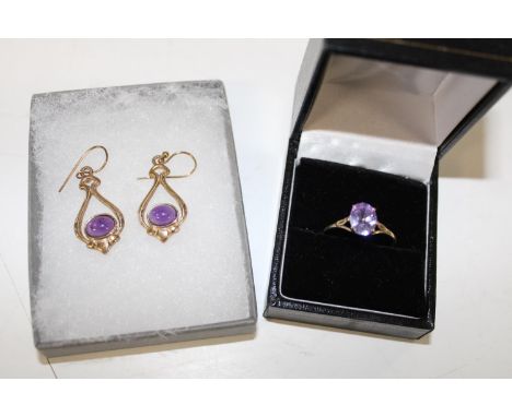 A 9ct gold ring &amp; pair of 9ct gold drop earrings, both with semi precious stone settings 