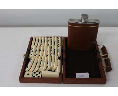 A cased set of dominoes &amp; hip flask 