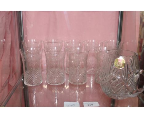 A shelf of quality fine lead crystal glasses with fine etched design. And one Russian lead crystal tankard collection only 