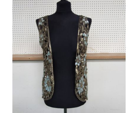 A 1920s iridescent pale blue and matt gold sequined bolero backed onto lace, interspersed with matt gold bugle beads