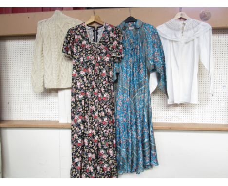 A 1970's cream hand knitted cable knit jumper, a "Richards Shop" cotton floral dress, a turquoise floral silk dress, made in 