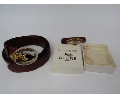 CELINE - Paris vintage burgandy leather belt with yellow gilt horse and carriage buckle with a matching stiff leather bracele