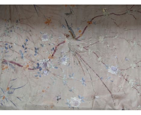 A Chinese silk pale pink bed spread hand embroidered with birds, butterflies and flowers, single bed size 