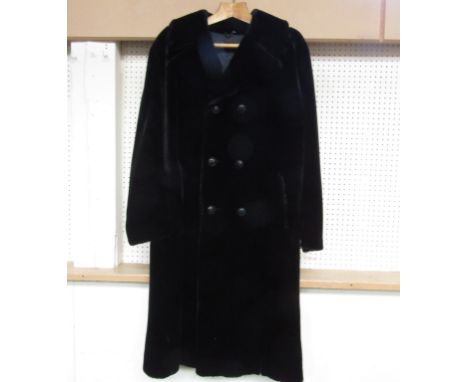 An Astraka of London black gents faux fur deep pile double breasted coat, single back vent with leather covered buttons 