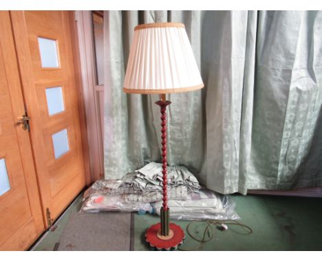 A country house standard lamp with painted barley twist  column on a scalloped form base, cream silk shade, handmade, slight 