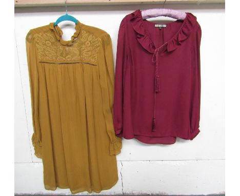 Two modern Biba blouses, mustard floaty tunic blouse with patterned stitched yolk with ruffle neckline and cuff and a wine co