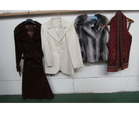 Five items of 1960's/70's clothing including a "Astraka" label faux fur bolero jacket in grey and a brown double breasted sue