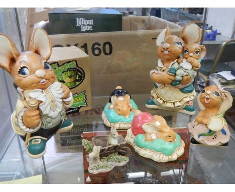 Five Pendelfin figures, a Peter Rabbit and a Bad Taste Bear. 