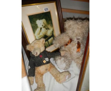 Two colllectable Teddy bears and a framed photograph of one of them. 