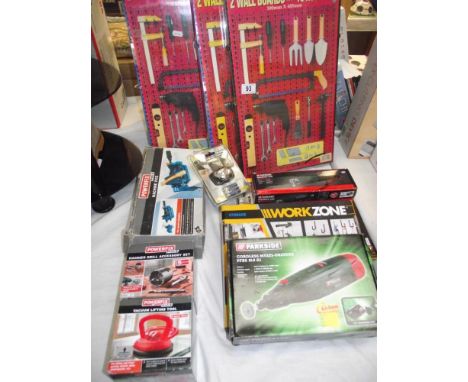 A quantity of new tools including Workzone storage hooks set x 2, cordless multi grinder etc 