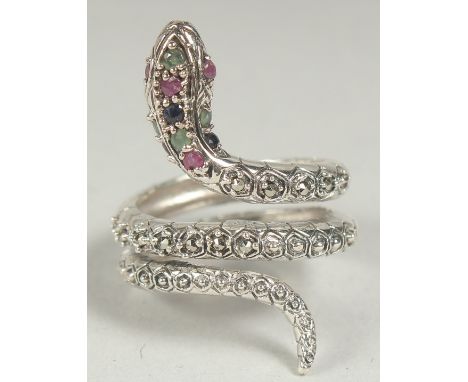 A silver ruby emerald and sapphire snake ring, size P, in a box.