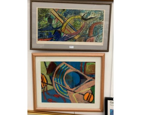 Two French abstract studies in oil &amp; pastel, largest 30 x 60 cm (2)